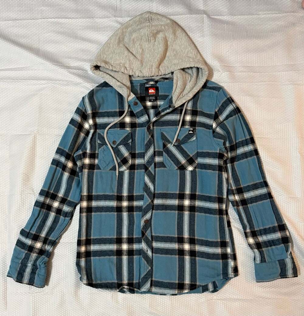 Quiksilver Men’s S Hooded Flannel Shirt Blue Black Plaid Button Up Cotton
